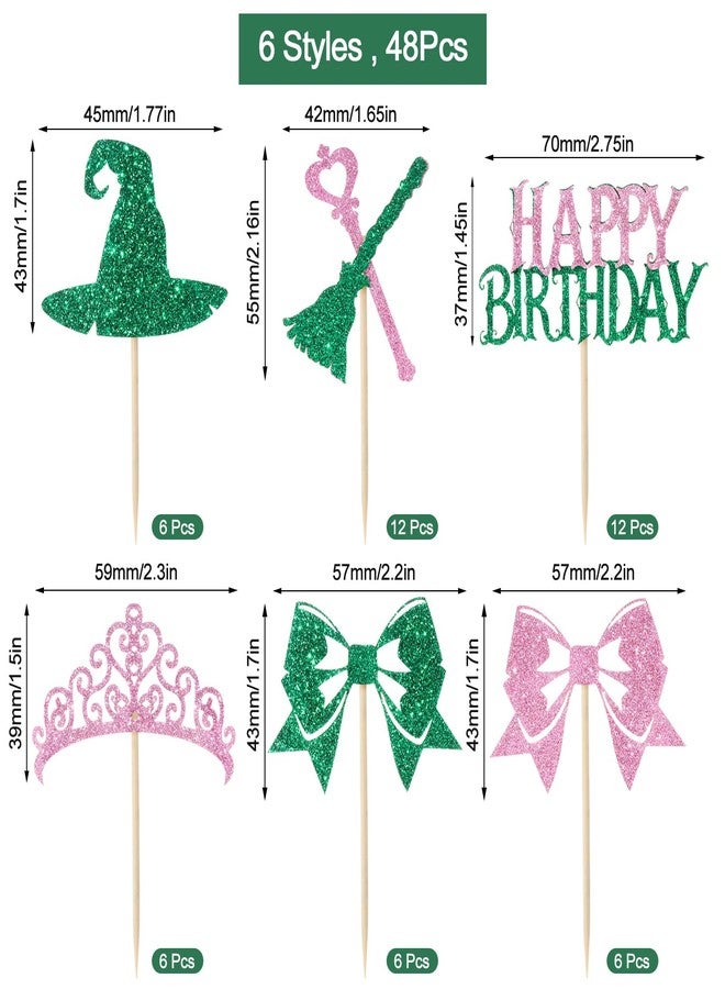RANERVZ 48Pcs Witch Birthday Cupcake Toppers Pink and Green Witch Themed Cupcake Toppers Bow Crown Witch Hat Cupcake Picks Witch Birthday Party Cupcake Decorations - Image 2